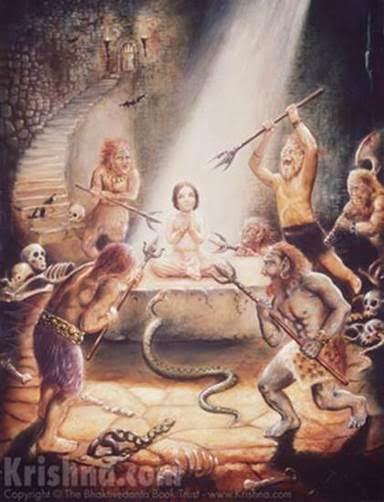 Prahlada silently meditates as Rakshashas try to pierce him
