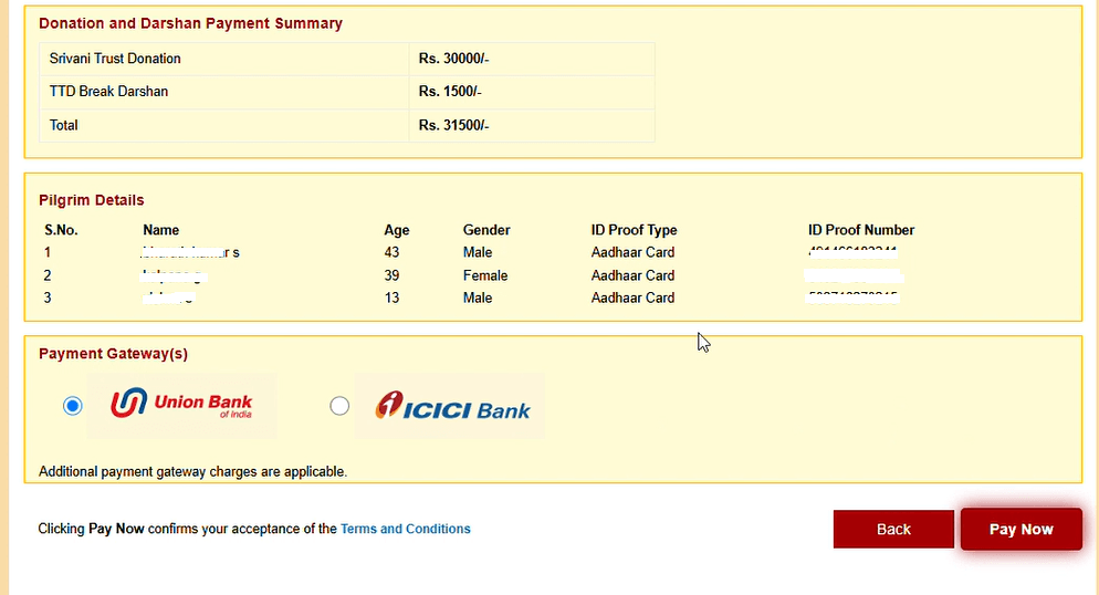 SRIVANI Payment Screen