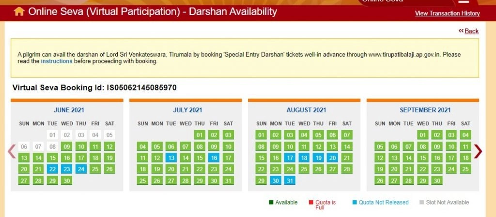TTD Online Seva Darshan Availability Calendar